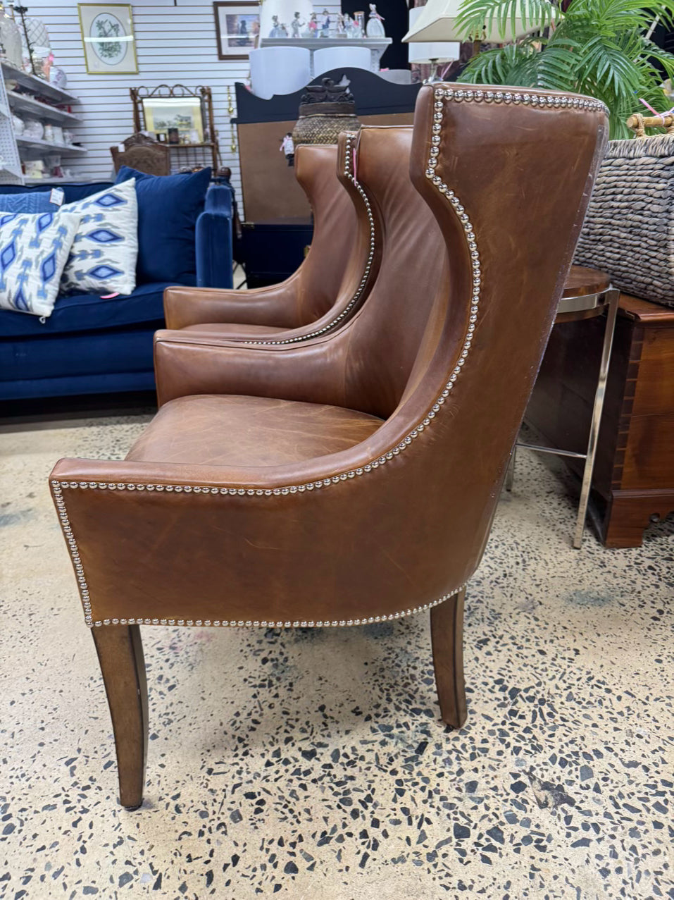 WILLIAMS SONOMA Caramel Leather Nailhead Pair of Chairs