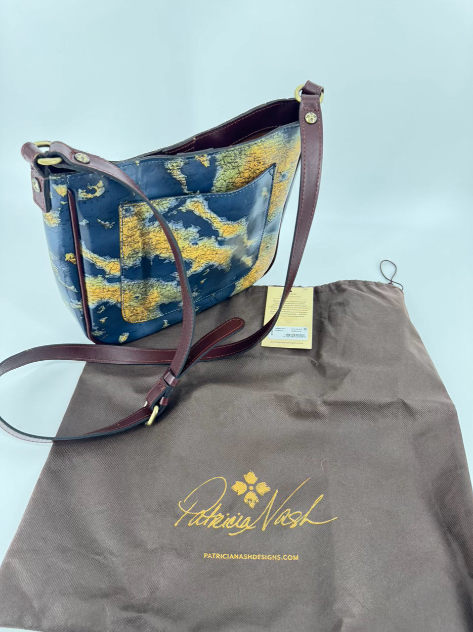 PATRICIA NASH Blue & Brown Leather Map Crossbody Bag