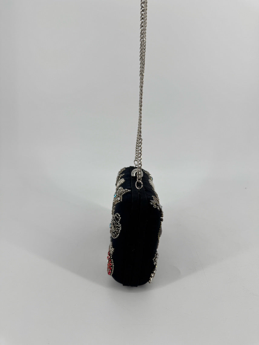 TIANA Black Beaded Eyes Clutch Bag w/ Crossbody Strap