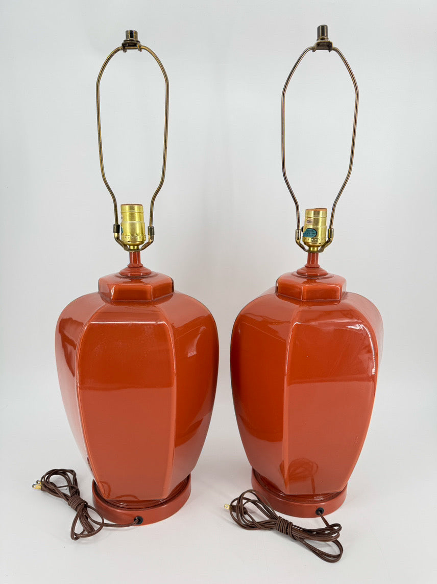 Burnt Orange Glass Raised Flower Design Pair of Ginger Jar Lamps