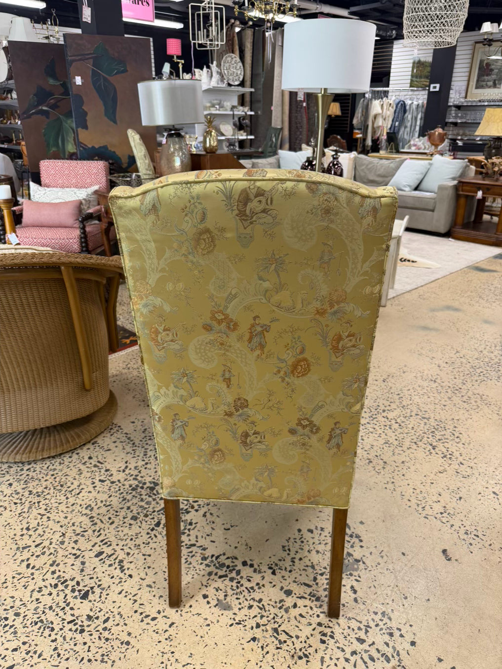 High back Armless Pair Of Chairs w/ Asian Jacquard Fabric