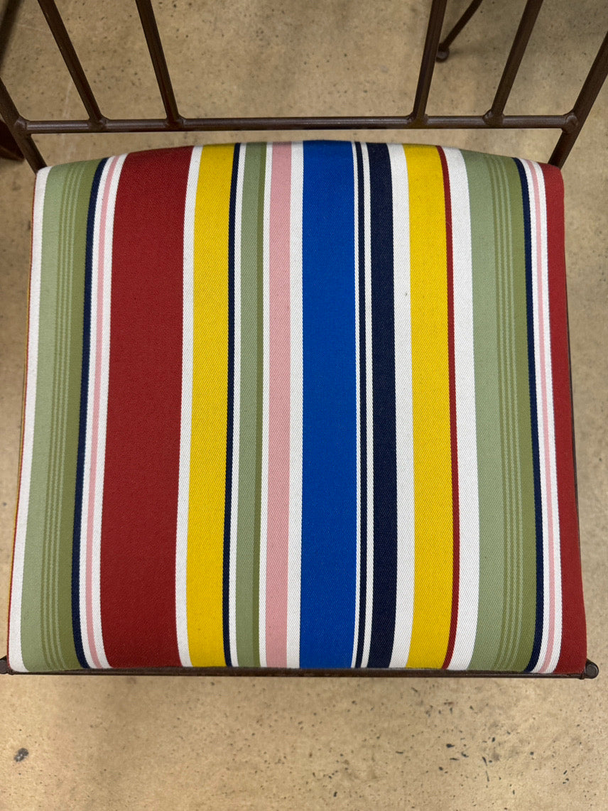 Wrought Iron & Glass Table w/ 6 Multicolor Stripe Upholstered Chairs