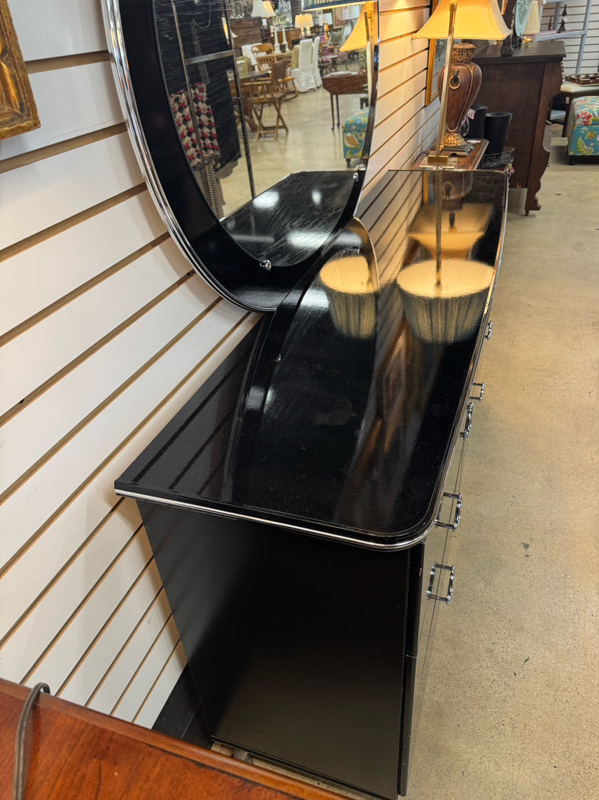 ASHLEY FURNITURE Black Laquer Dresser w/ Oval Mirror