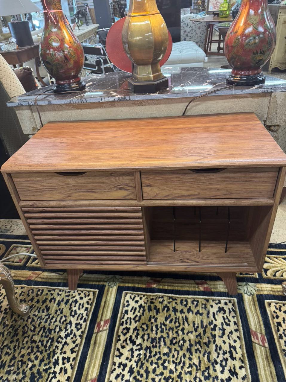 Wood Slat Record Cabinet w/ Sliding Door