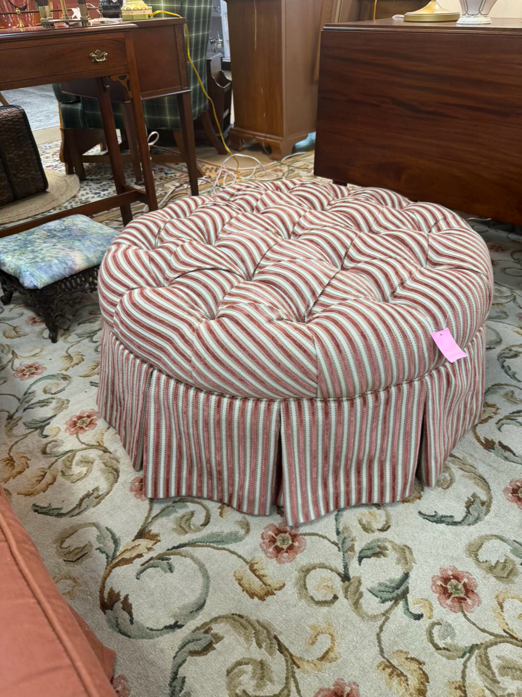 Pink, Green & White Tufted Stripe Ottoman