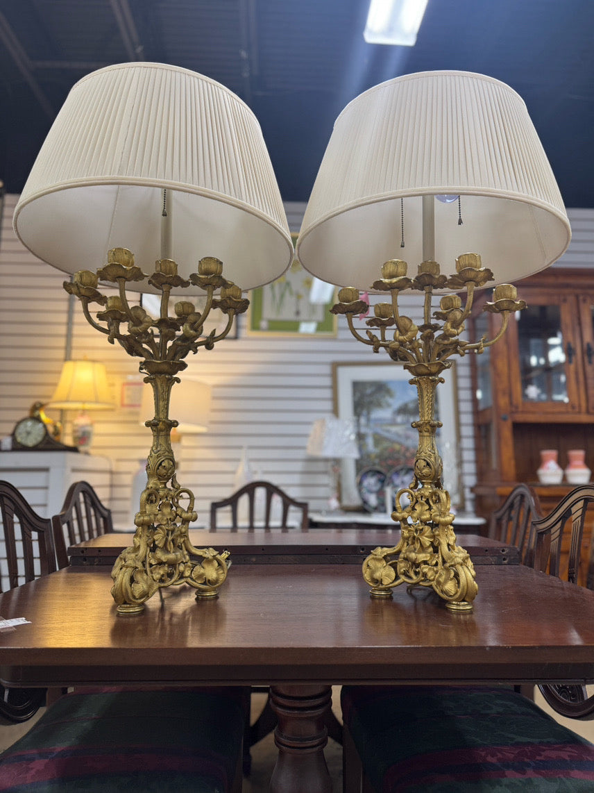 Gold Metal Neoclassical Floral 6-Arm Design Pair of Lamps