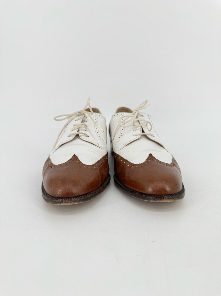 SALVATORE FERRAGAMO Size 9.5 White & Brown Leather Oxford