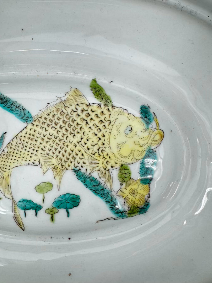 Green & Gold Fish & Flowers Porcelain Planter w/ Wood Stand