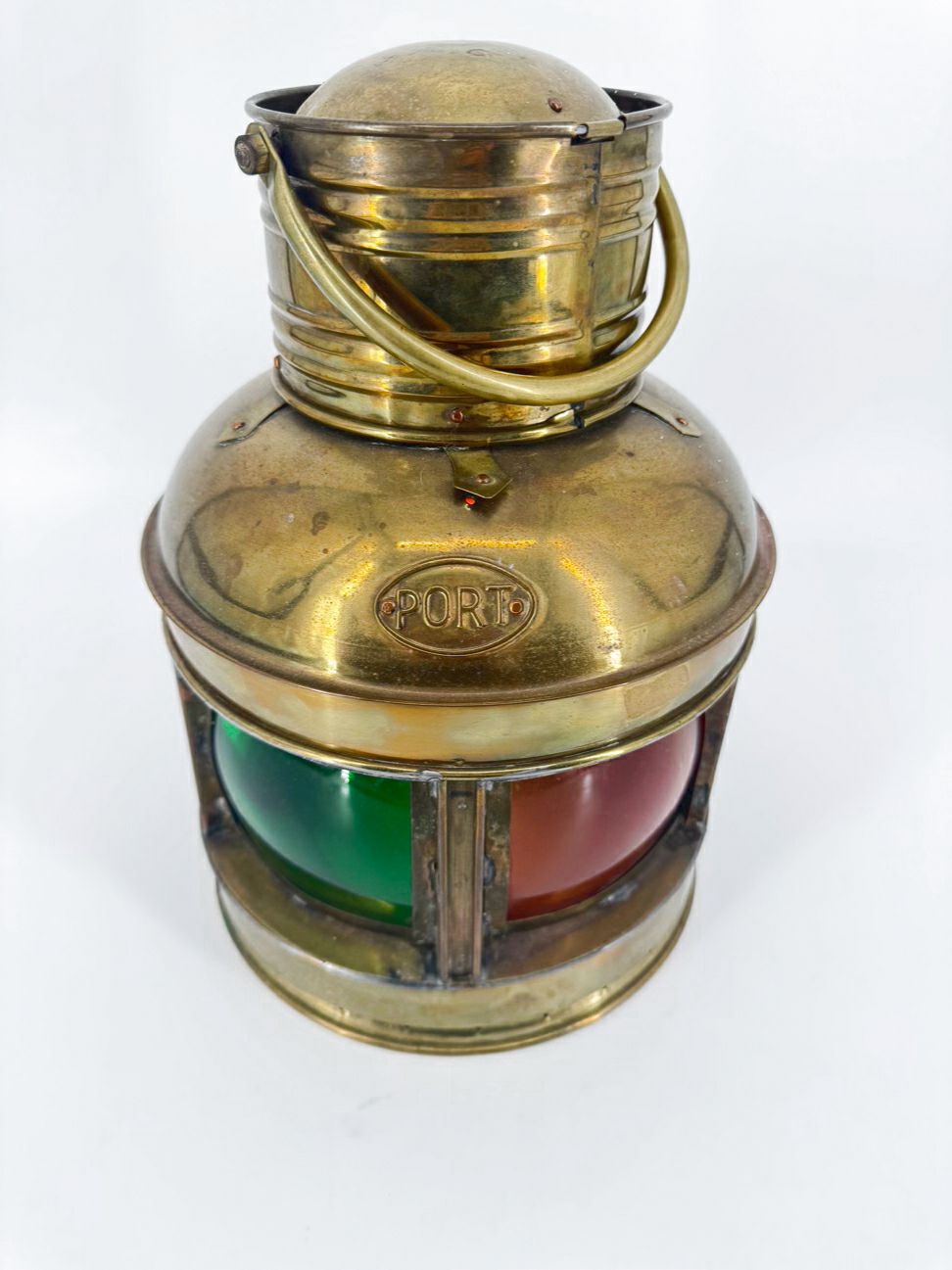 VINTAGE Brass Green & Red Glass Kerosene Lantern