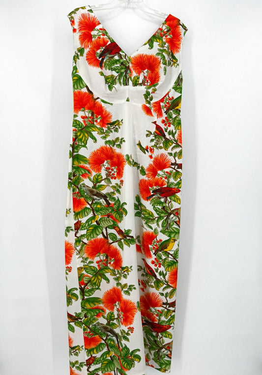 VINTAGE ELSIE KRASSAS Size L Orange & Green Birds & Leaves Print Maxi-Dress