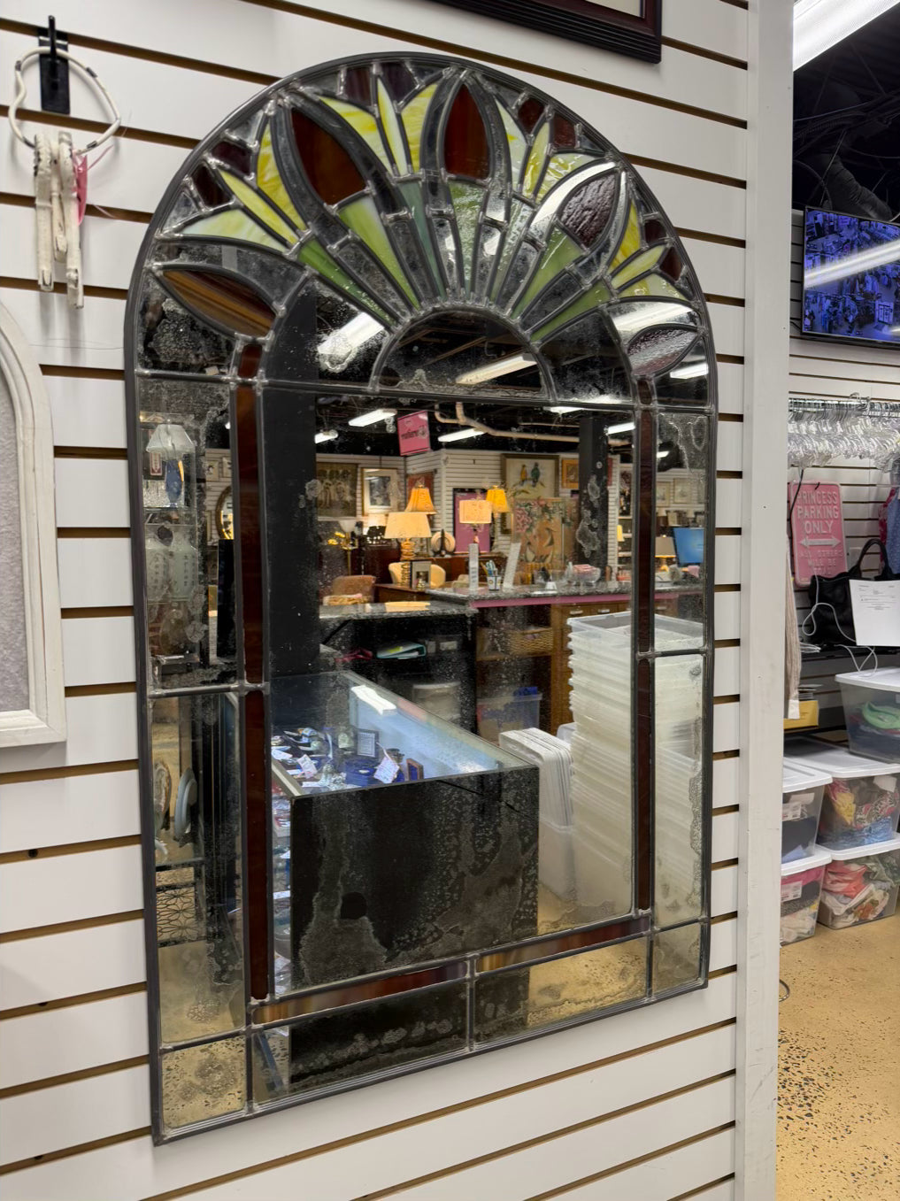 Stained Glass Arched Mirror w/ Flower Design