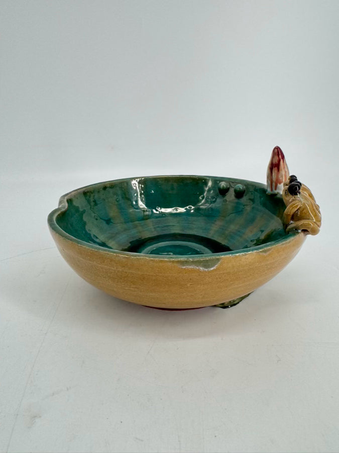 Green & Tan Pottery Frogs Small Bowl