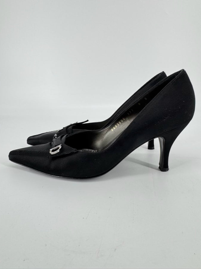 SALVATORE FERRAGAMO Size 8 Black Satin Pumps w/ Pin Detail