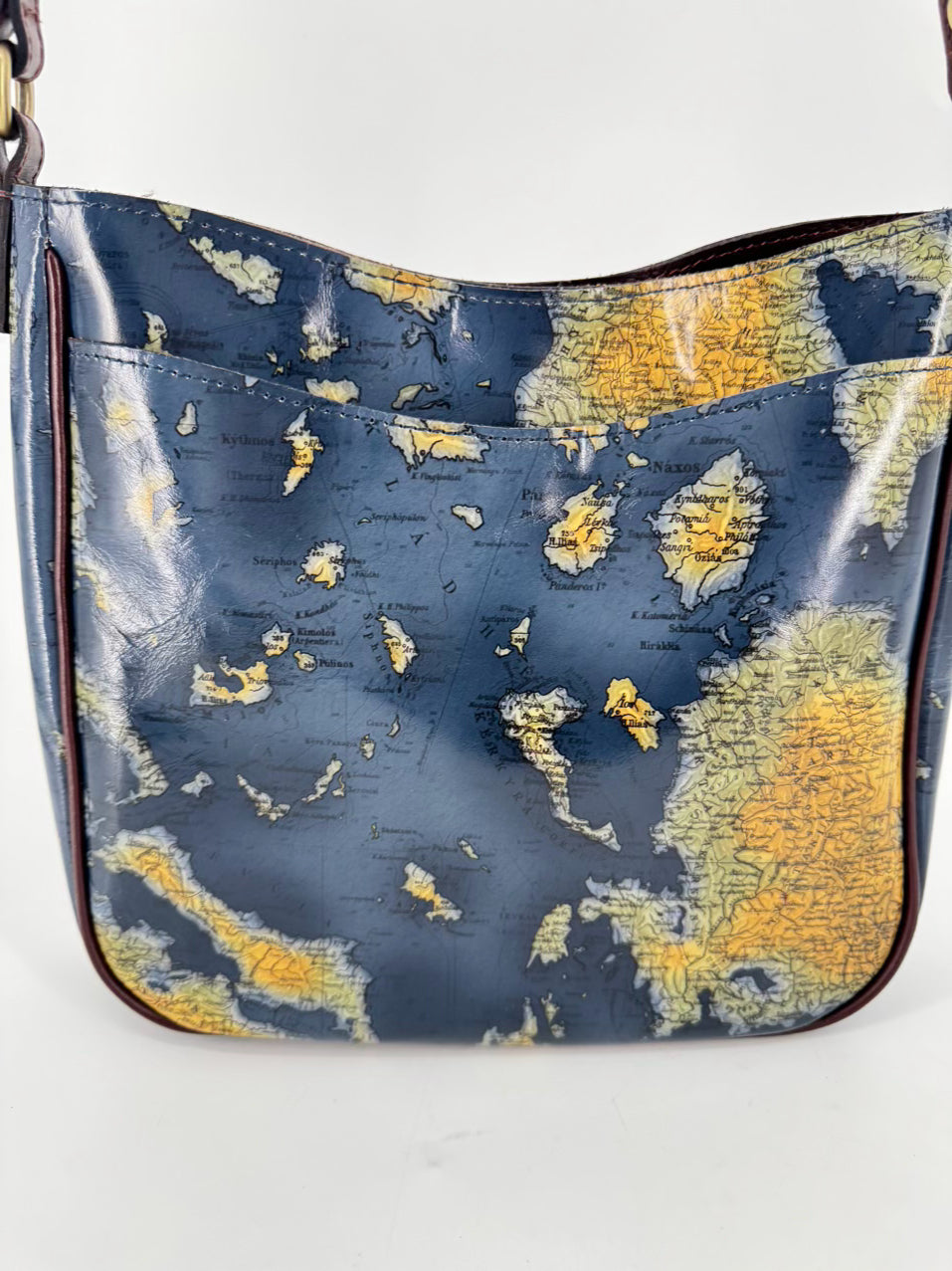 PATRICIA NASH Blue & Brown Leather Map Crossbody Bag