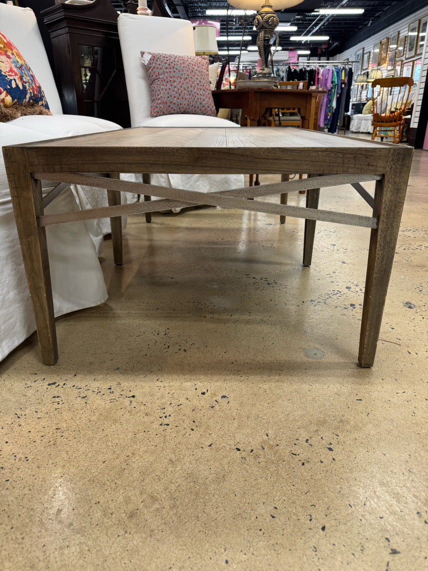 Wood Gray Wash Coffee Table w/ Metal Stretchers Detail