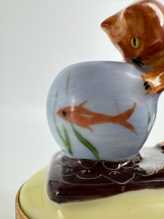 LIMOGES Orange & Blue Cat & Fishbowl Ceramic Trinket Box