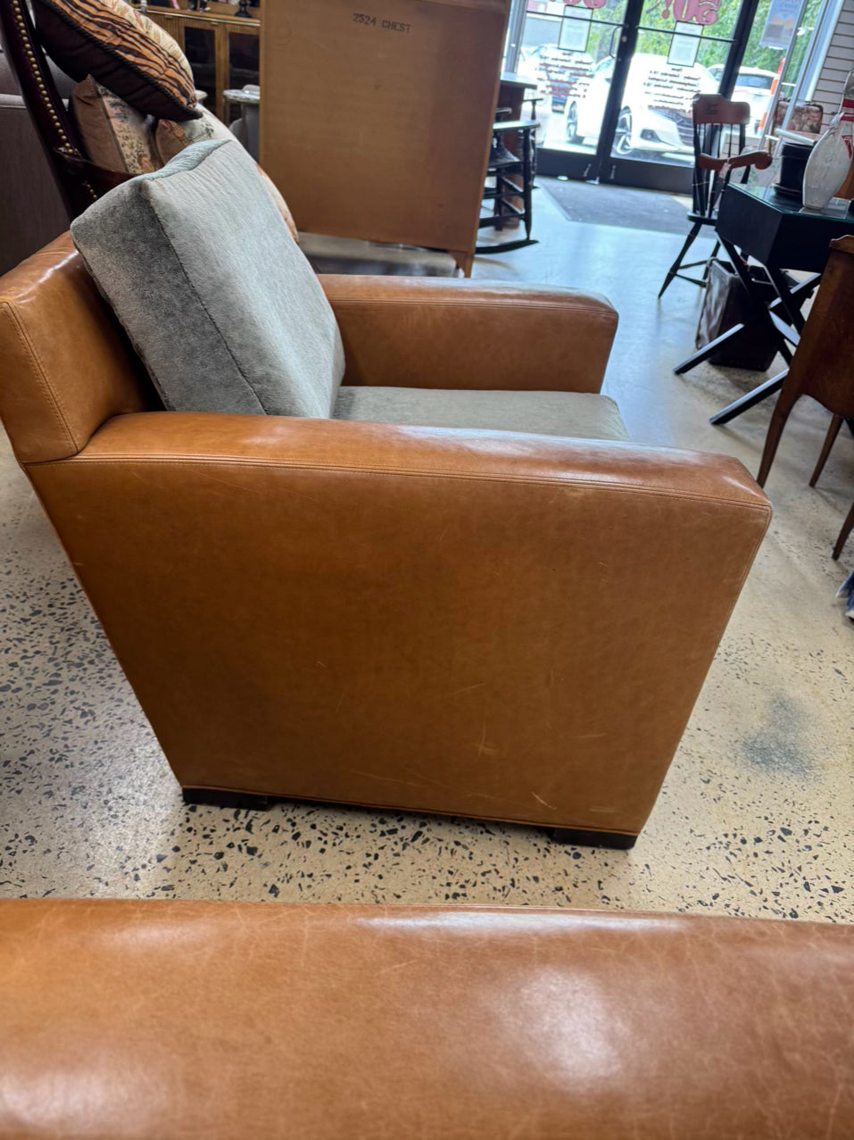 BAKER Brown & Green Coach Leather & Mohair Pair of Club Chairs