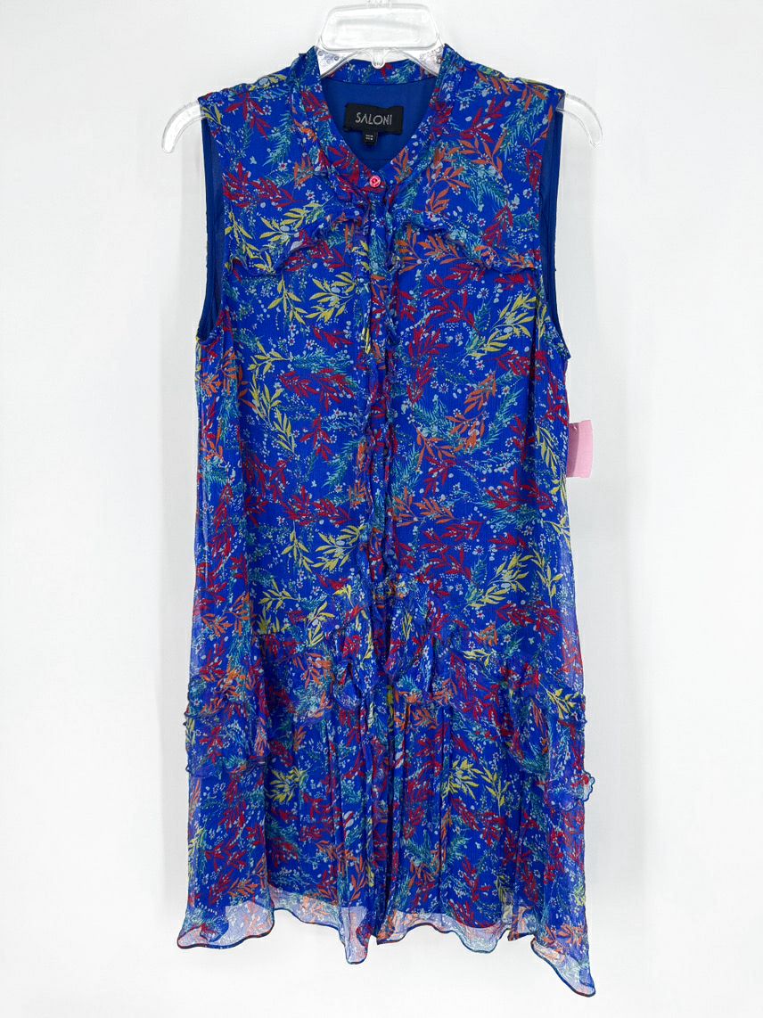 SALONI Size 10 Cobalt Foliage Print Ruffle Sleeveless Dress
