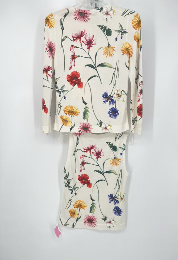 OSCAR DE LA RENTA Size M Beige Floral Print Cardigan & Shell 2pc Top
