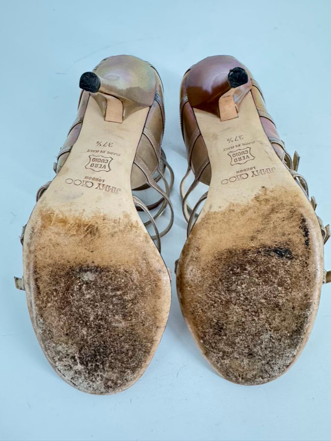 JIMMY CHOO Size 37.5 Metallic Iridescent Leather Atlas Gladiator Pumps