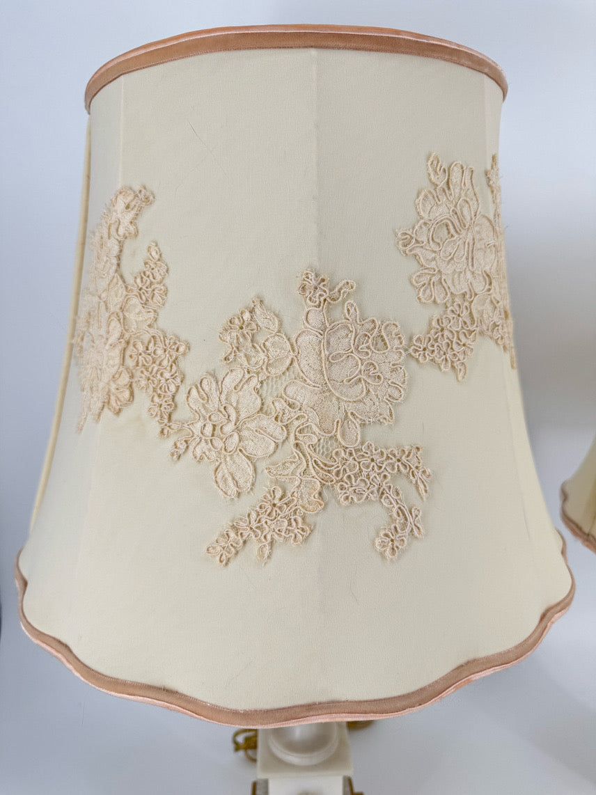 White Carved Alabaster w/ Brass Trim & Lace Embroidered Shade Pair of Lamps
