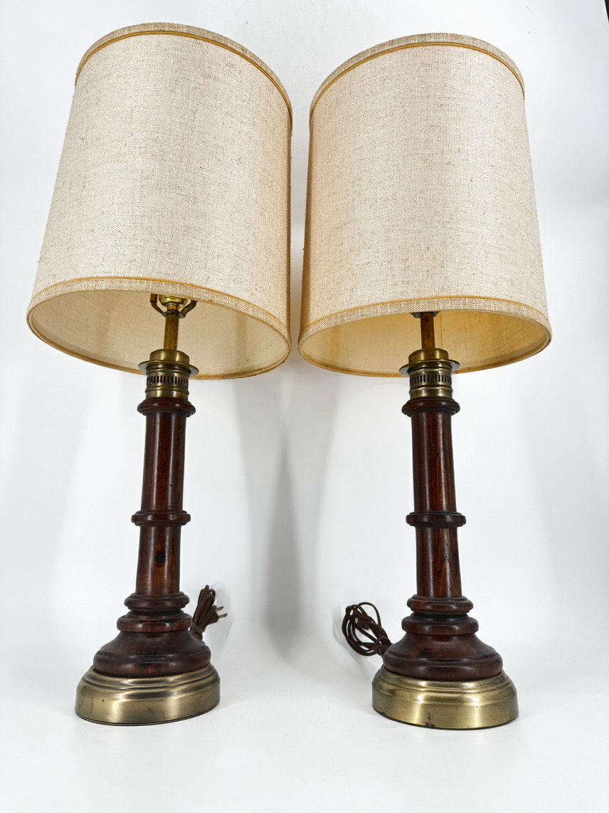 VINTAGE Wood & Brass Pair of Lamps