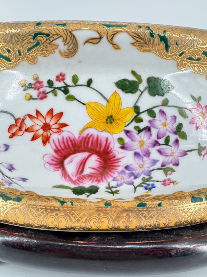 Green & Gold Fish & Flowers Porcelain Planter w/ Wood Stand