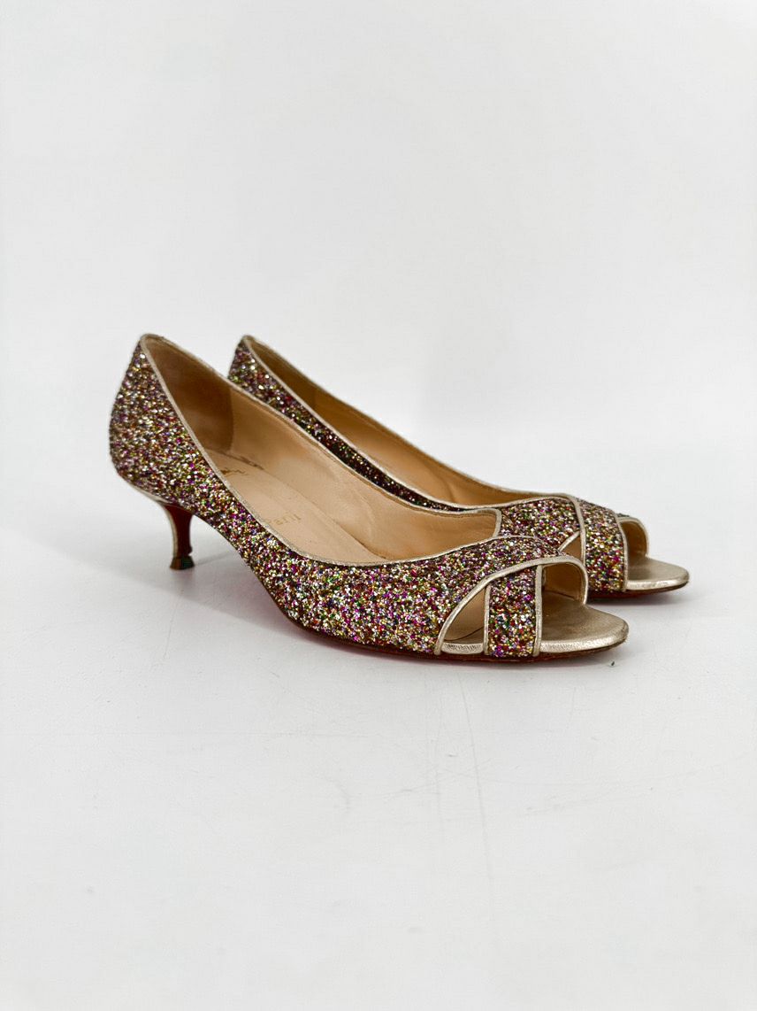 CHRISTIAN LOUBOUTIN Size 39 Multi-Color Leather Sparkle Kitten Heels