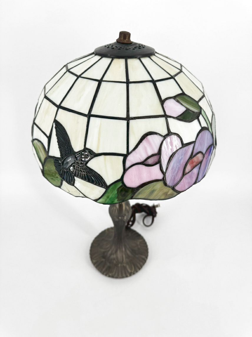 Purple & Green Glass & Metal Hummingbird Tiffany Style Lamp