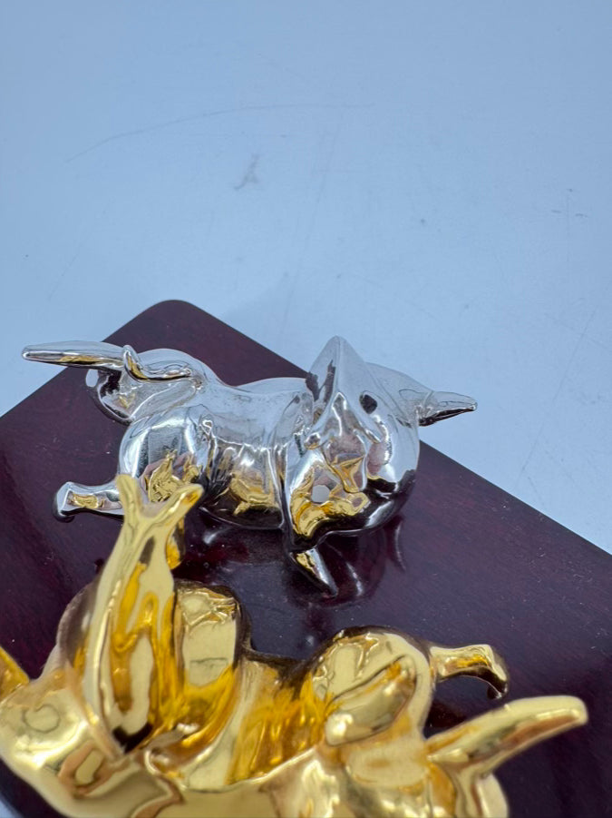 RISIS Gold & Silver Bull Chopstick Holders on Wood Base