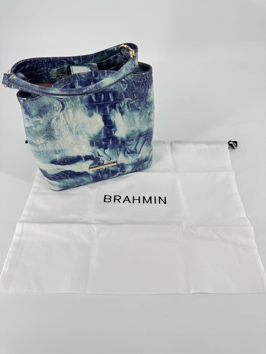 BRAHMIN Aqua Tie-Dye Embossed Leather Bucket Bag