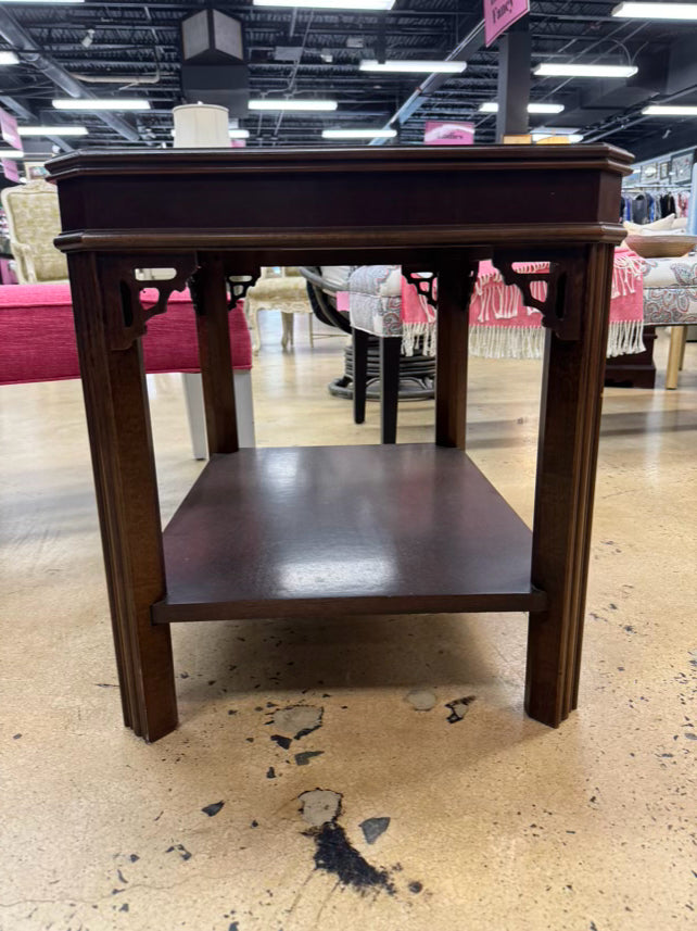 Wood Inlay Chippendale End Table w/ Bottom Shelf