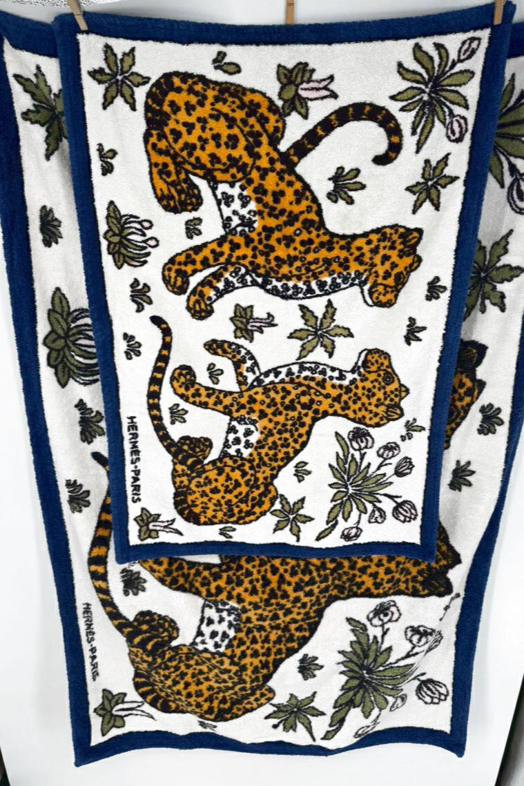 HERMES Blue & Yellow Cheetah Pair of Beach Towels