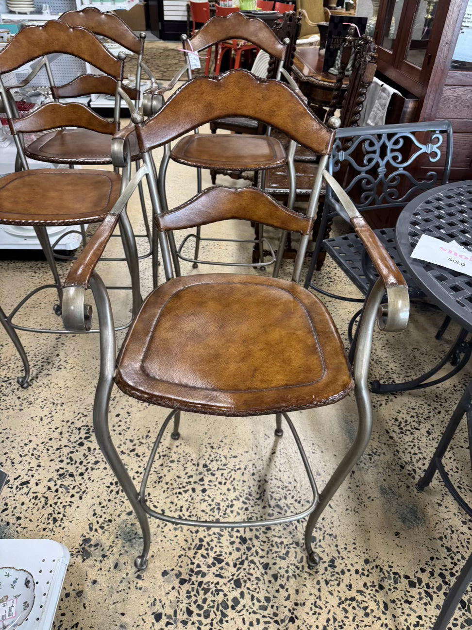Gray Iron & Leather Set of 4 Barstools