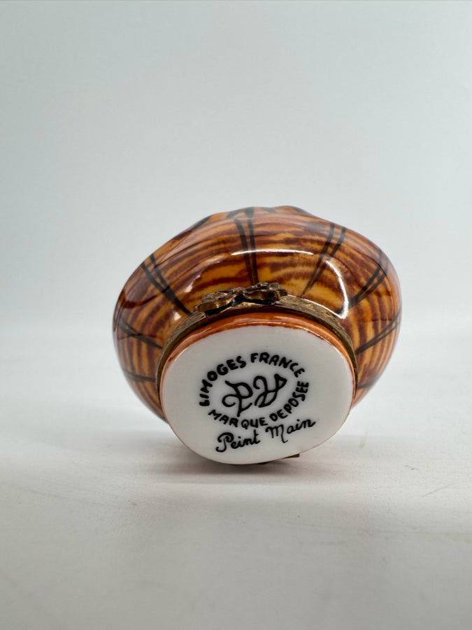 LIMOGES Brown, Black & White Cat in Basket Ceramic Trinket Box