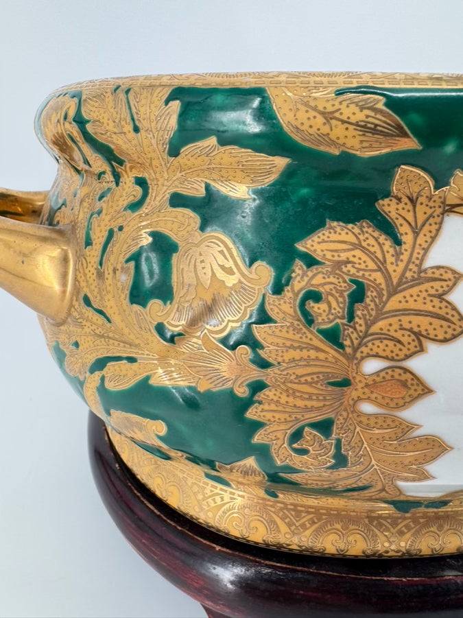 Green & Gold Fish & Flowers Porcelain Planter w/ Wood Stand