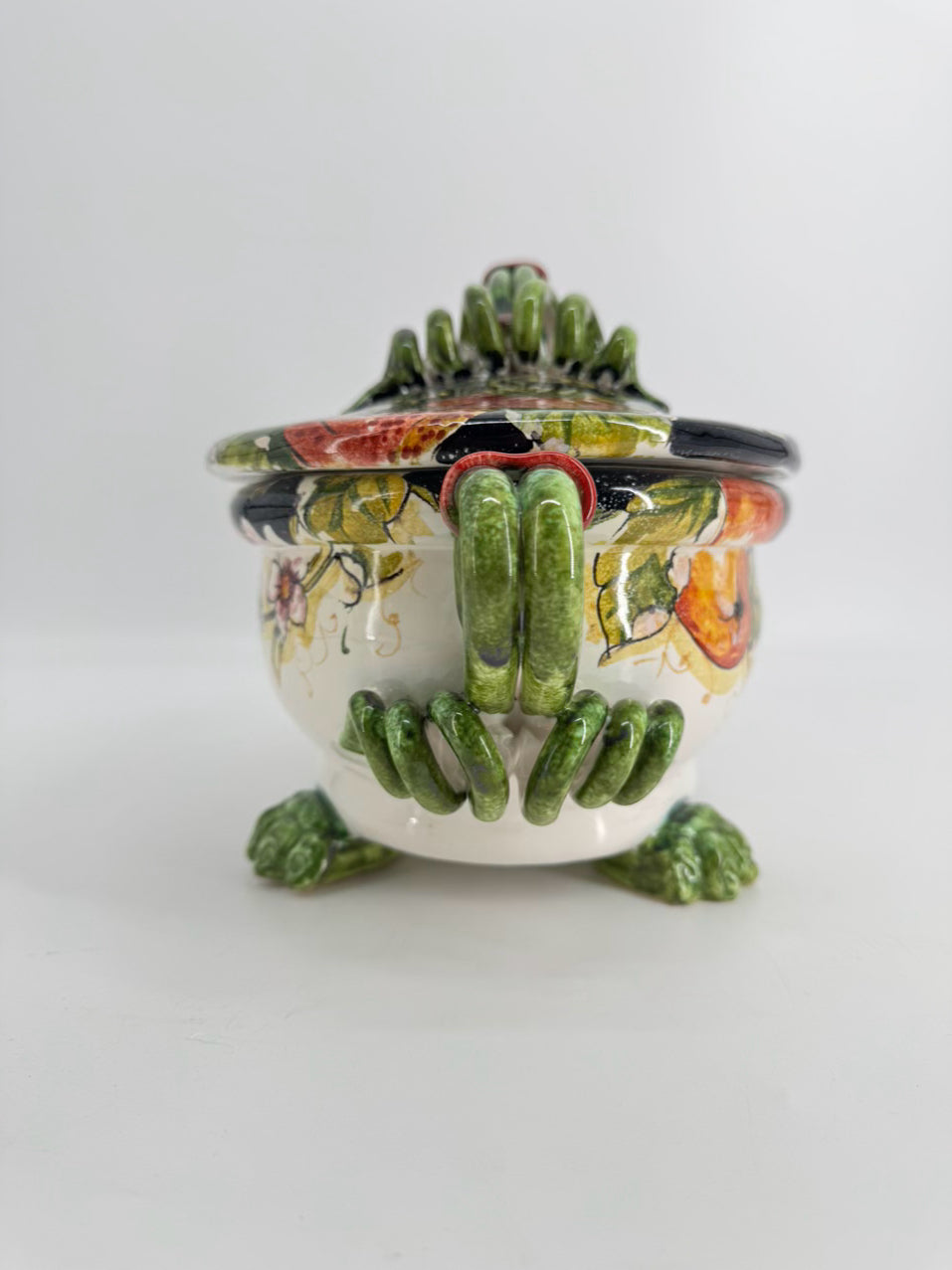 PORTUGAL Black, Green & Yellow Fruit Ceramic Footed Tureen w/ Lid
