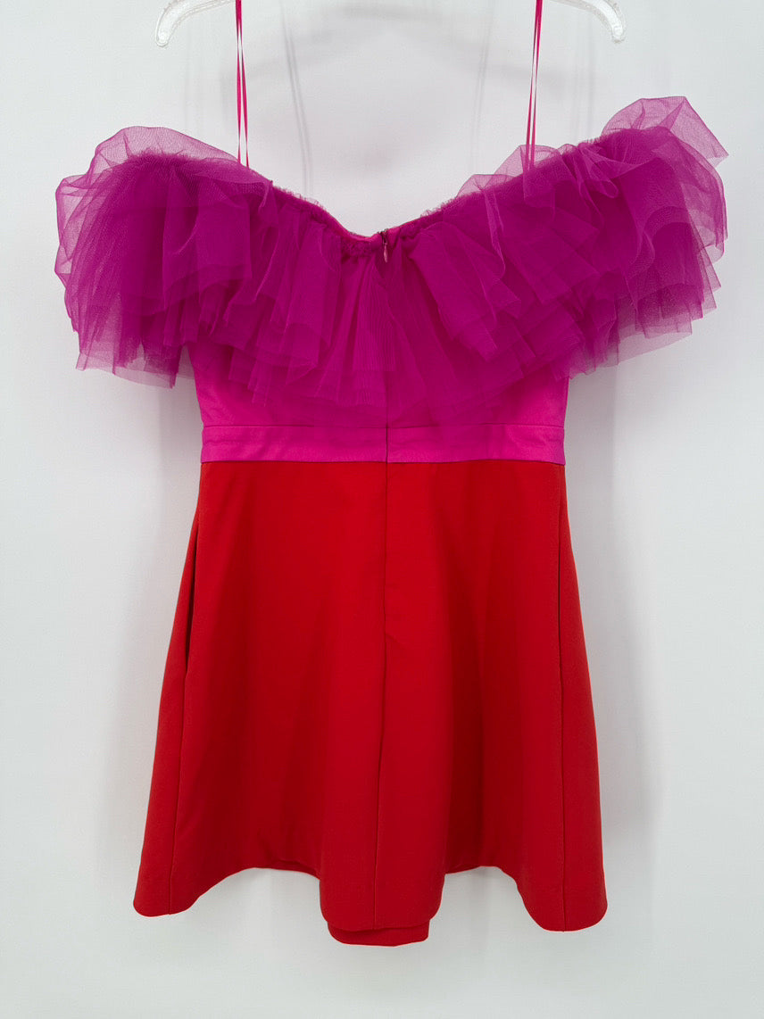 KARLIE Size L Fuchsia & Orange Tulle Off-The-Shoulder Cocktail Dress NWT