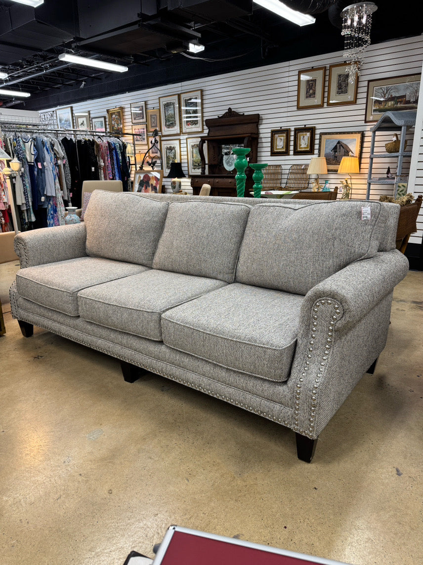 Gray & White Tweed Nail Heads Sofa