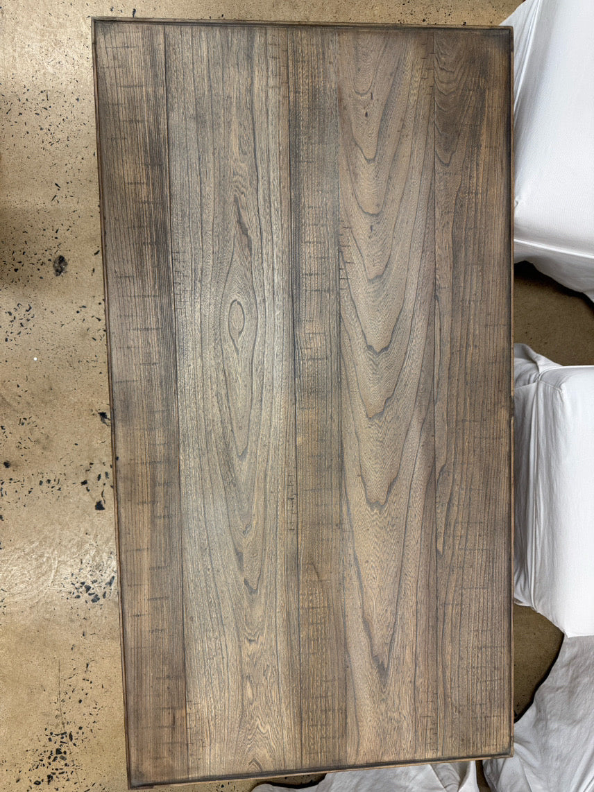 Wood Gray Wash Coffee Table w/ Metal Stretchers Detail