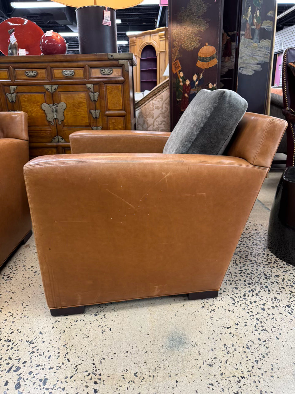 BAKER Brown & Green Coach Leather & Mohair Pair of Club Chairs