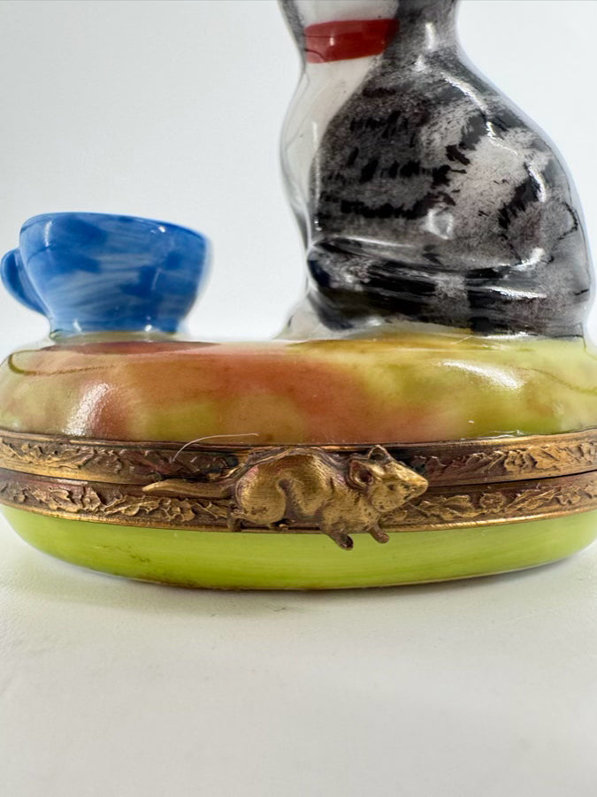 LIMOGES Black, Blue & Green Cat & Mug Ceramic Trinket Box