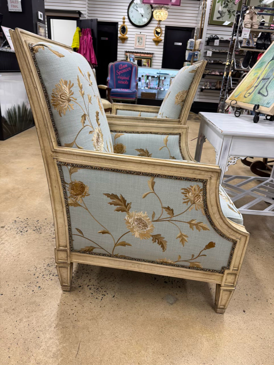 TAYLOR KING Cream & Blue Floral Upholstered French Pair of Chairs