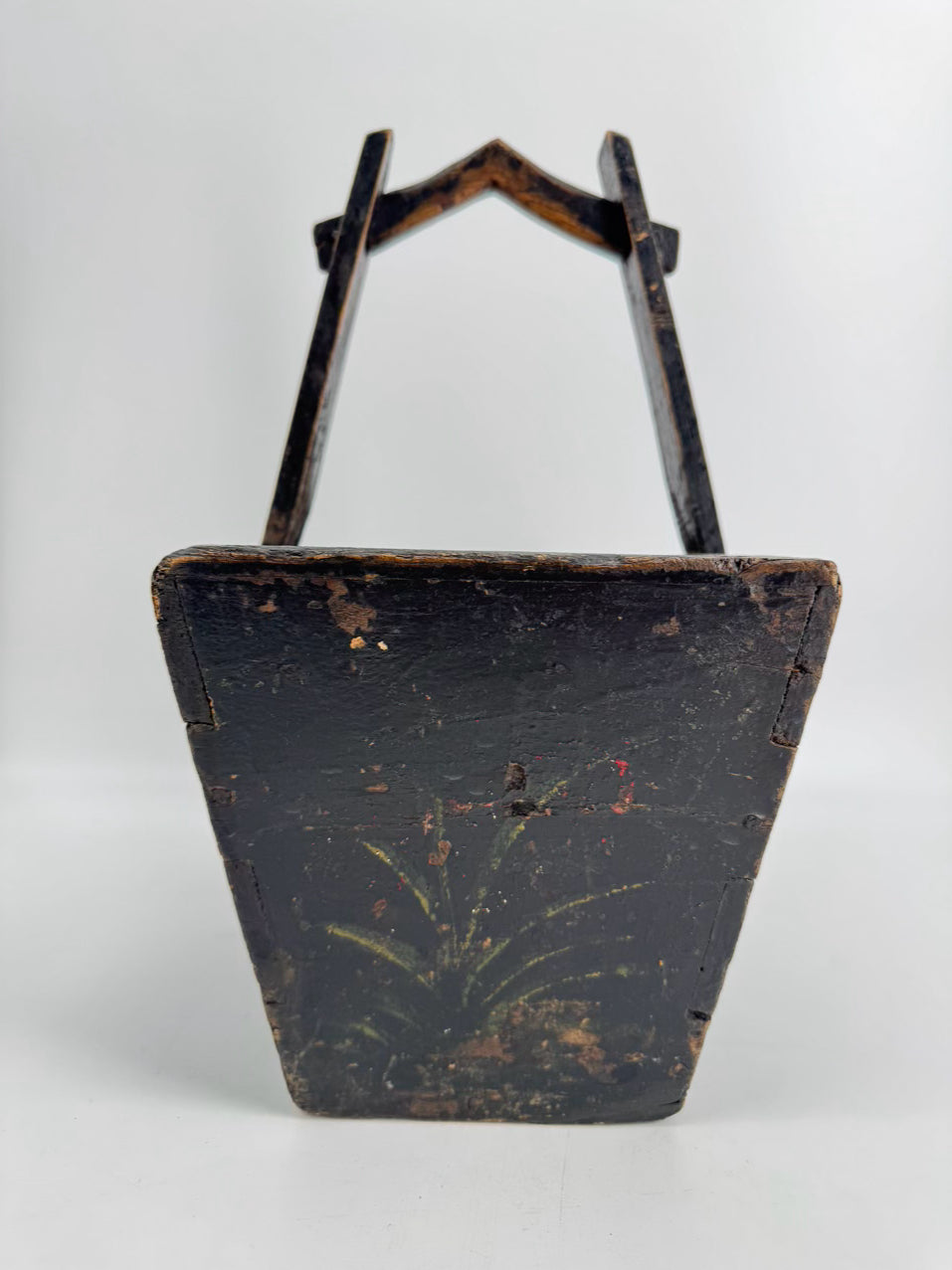 ANTIQUE Black Wood Painted Flowers Basket
