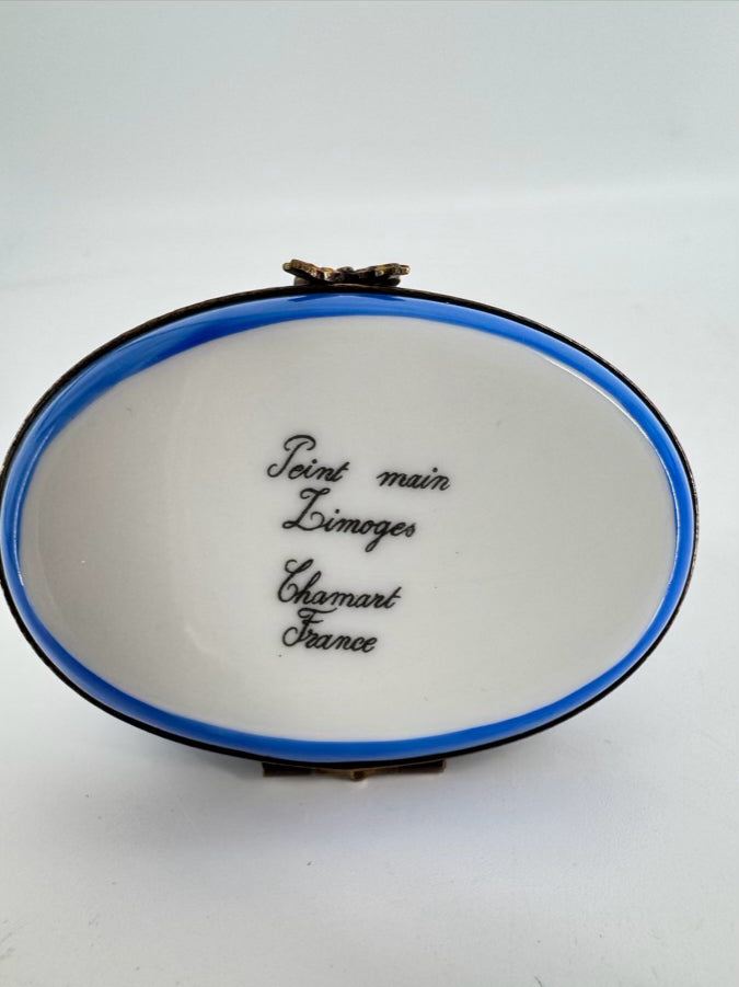 LIMOGES Black, White & Blue Cat on Blanket Ceramic Trinket Box