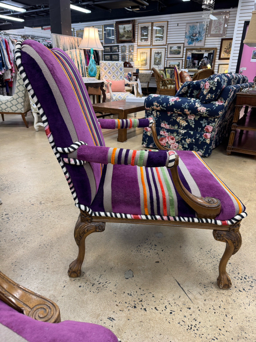Purple & Orange Stripe Upholstered Queen Anne Ball & Claw Pair of Chairs