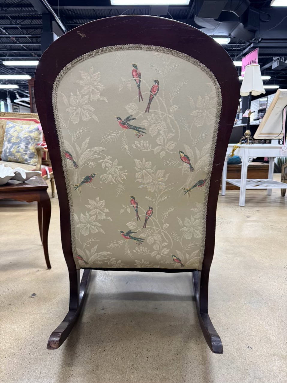 VINTAGE Wood Cream, Pink & Green Birds Upholstered Rocking Chair