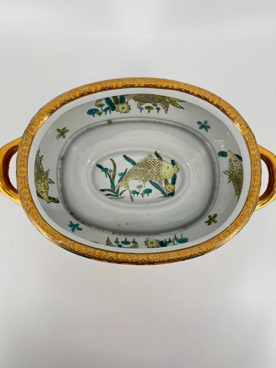 Green & Gold Fish & Flowers Porcelain Planter w/ Wood Stand