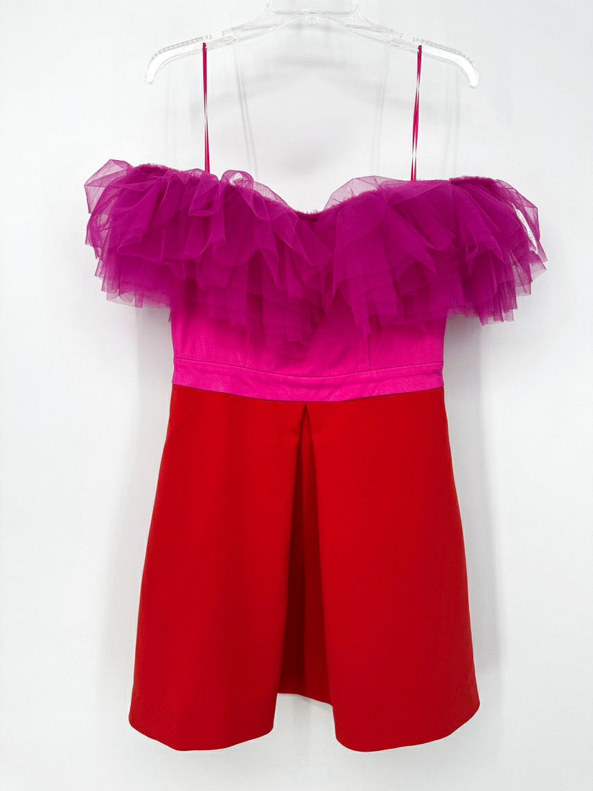 KARLIE Size L Fuchsia & Orange Tulle Off-The-Shoulder Cocktail Dress NWT