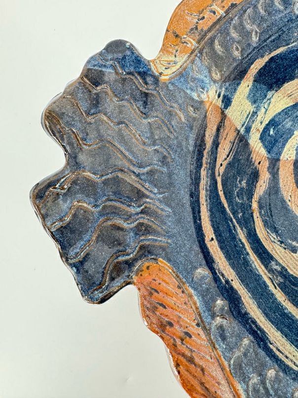Blue & Tan Large Fish Pottery Bowl
